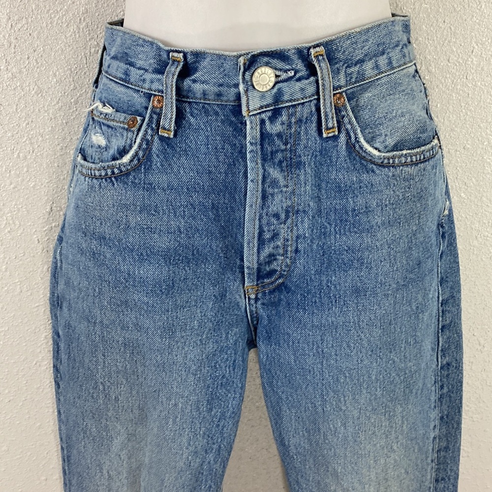 Agolde Riley Long High Rise Button Fly Distressed Hem Straight Leg Jeans 24 - Picture 2 of 16